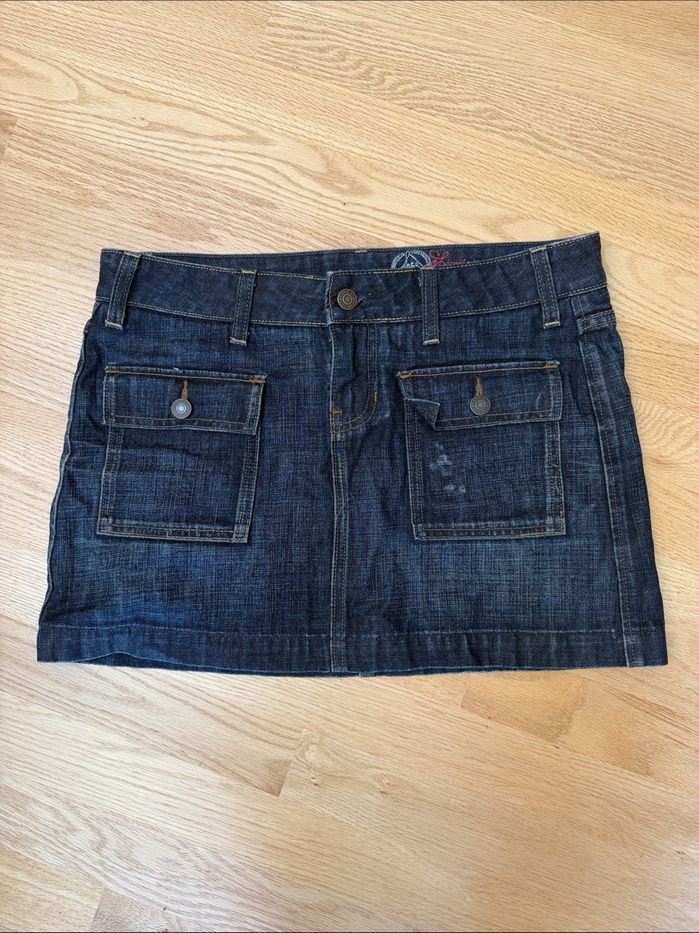 Dark Blue Denim Mini Skirt with Front Patch Pockets